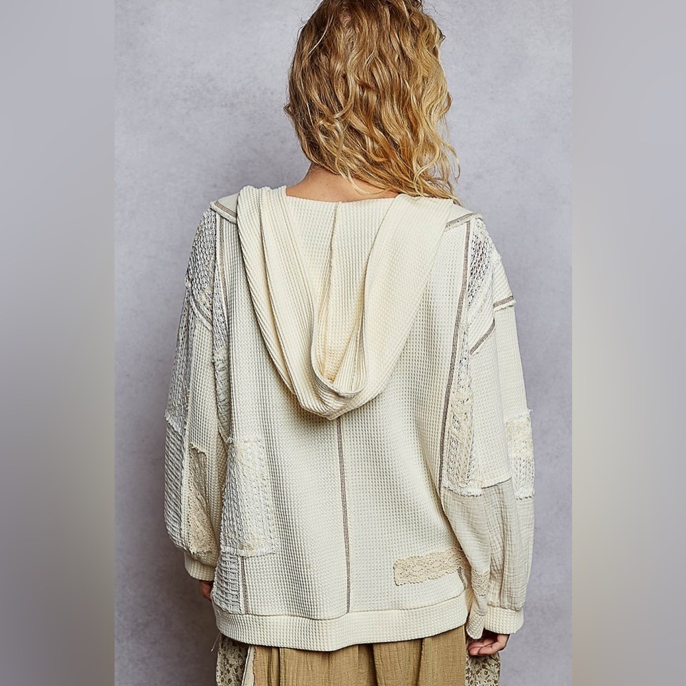 ⚡️ POL “ Cottage Charm “ Patchwork Cadigan Thermal Hoodie Cardigan | Cream - Picture 8 of 9